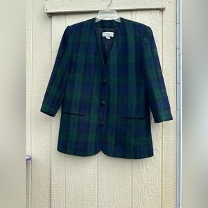 Liz Claiborne size 4 green blue Tartan plaid 3 button long blazer wool blend